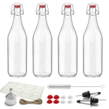 Imagem de Pacote com 4 [1 litro / 975 ml] Garrafas de vidro com tampa giratória hermética para Kombucha, cerveja, vinho, Kefir, refrigerante, licor - Inclui funil, 2 dosadores, 6 selos, 8 etiquetas e barbante