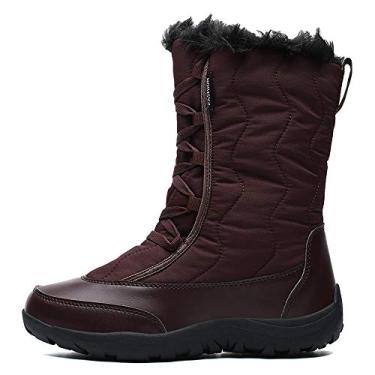 Imagem de Bigfanshu Botas femininas na altura do joelho com salto impermeável para neve ao ar livre sapatos de algodão tubo quente esqui plus veludo, Vinho tinto, 41 M EU