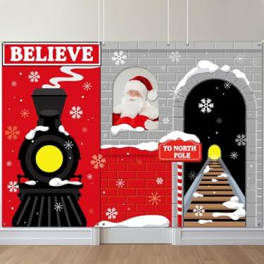Imagem de 3 peças de decorações de porta de trem de Natal Natal trilhos ferroviários corredor poliéster capas de porta pano de fundo banner pendurado de Natal sinal de varanda para férias sala de aula