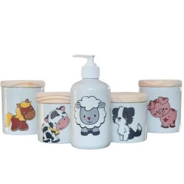 Imagem de Kit Higiene Bebê Fazendinha 5 Peças - Potes e Porta Álcool em Porcelan
