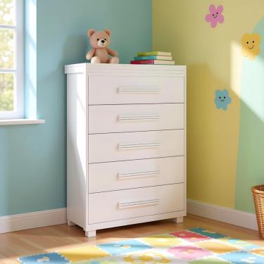 Imagem de Cômoda Alta Bebê Quarto Infantil Branca 5 Gavetas Branco