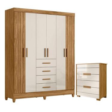 Imagem de Guarda Roupa Solteiro e Cômoda Aruba Dhara 6 Portas 4 Gavetas em MDF com Corrediças Tel...