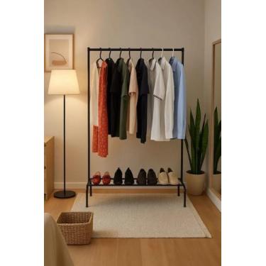 Imagem de Cabideiro Arara De Roupas De Chão Com Sapateira Cor Preto Preto - Util