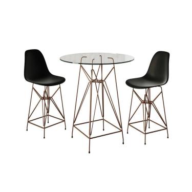 Imagem de Jogo Mesa Bistrô Eames Eiffel Vidro 60Cm 2 Banquetas Preta Base Ferro Cobre - Cor: Branco