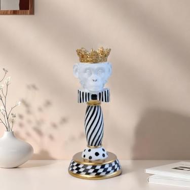 Imagem de Suporte de castiçal de animal coroado preto e branco com detalhes dourados estátua de resina eclética para decoração de casa moderna, centro de mesa