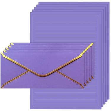 Imagem de J6&H6 Conjunto de papelaria com borda dourada; inclui 12 envelopes de tamanho padrão com borda dourada, perfeitos para cartas comerciais, escritórios da empresa