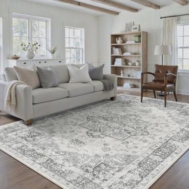 Imagem de PureCozy Tapete cinza 15 x 23 cm, lavável, vintage, para sala de estar, antiderrapante, retrô, envelhecido, medalhão, oriental macio, fino, grande, cinza, para escritório, quarto, sala de jantar, sala