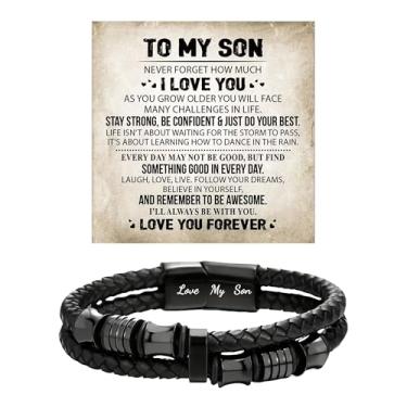 Imagem de sunglnl Pulseira To My Son da Mom Dad, pulseira de aço inoxidável com contas de nó infinito de couro trançado Forever Love presentes para filho aniversário com caixa de cartão de mensagem joias, Large