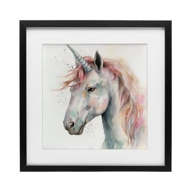 Imagem de Stupell Industries Unicórnio com juba rosa impressão emoldurada preta sob vidro, design por Creative Studio, 13 x 13
