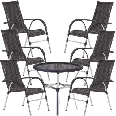 Imagem de 6 Cadeiras Alumínio E Mesa Tampo Varanda Jardim Piscina Tabaco