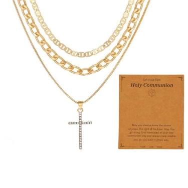 Imagem de Colar com pingente de cruz multicamadas para mulheres, corrente empilhável banhada a ouro 14K com pedras de zircônia cúbica, joias minimalistas, presentes para namorada, esposa, mãe, aniversários