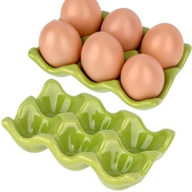 Imagem de JANKINGS Bandejas de cerâmica para ovos, pacote com 2 verdes, 6 compartimentos cada (12 ovos no total) — organizador de copos para ovos de bancada e geladeira, suporte para ovos de grés esmaltado