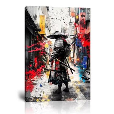 Imagem de Impressões de arte de parede de samurai japonês moderno Grffiti Samurai decoração de parede para sala de estar quarto arte emoldurada pronta para pendurar (61 cm L x 91 cm A)