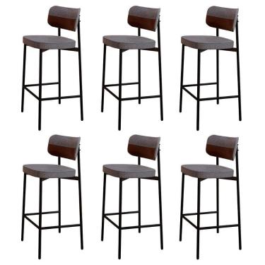 Imagem de Banqueta Alta Bar Estofada Kit 6 Ella M25 Linho Cinza/marrom - Mpozenato