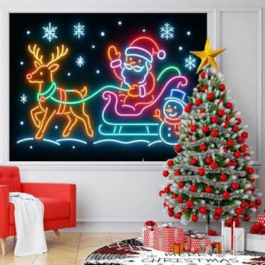 Imagem de BlissYard Tapeçaria Feliz Natal Papai Noel trenó luz negra UV reativo que brilha no escuro rena boneco de neve para pendurar na parede para quarto sala de estar decoração de inverno 198 x 159