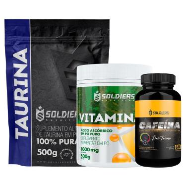 Imagem de Kit: Taurina 500g + Cafeina 60 Caps 200mg + Vitamina C Em Pó 500g - 100% Pura Importada - Soldiers-Unissex