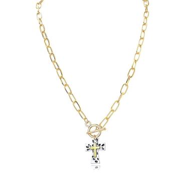 Imagem de Locrccl Colar de cruz grossa para mulheres, colar com pingente de cruz martelada em camadas de prata dourada, clipe de papel, corrente de pingente de espinha de peixe, gargantilha de cobra, joias