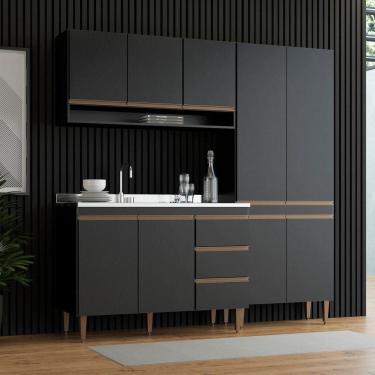 Imagem de Cozinha Modulada Com Balcão Sabrina 200x202cm Menu Móveis Preto