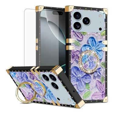 Imagem de Asuwish Capa de celular para iPhone 17 Pro Max 6,9 polegadas com protetor de tela de vidro temperado e anel de flor de pintura suporte rígido i Phone17 17Pro i17 ProMax 17ProMax mulheres meninas roxo