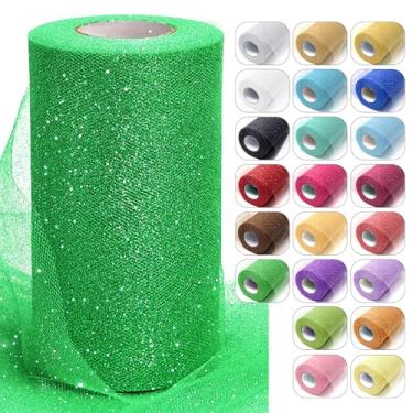 Imagem de Rolos de tecido de tule com glitter verde esmeralda, 15,8 cm x 50 m, fita de carretel cintilante, rede de lantejoulas para decoração de tutu faça você mesmo, decoração de casamento, pano de fundo de