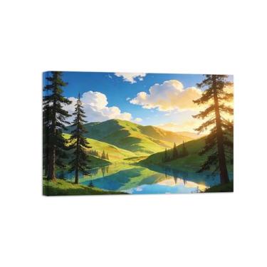 Imagem de Quadro em tela de paisagem de arte de parede - lago de floresta de montanha - impressões de pintura de decoração moderna para sala de estar pronta para pendurar 80 x 120 cm 31 x 47 pol. Tela