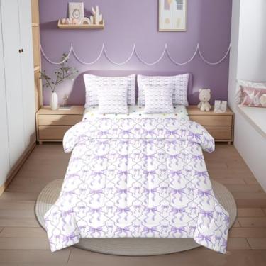Imagem de Erosebridal Conjunto de cama queen com laço roxo e laço fofo, 7 peças, para meninas, kawaii, aquarela, gravata borboleta, roxo, branco, princesa, conjunto de cama
