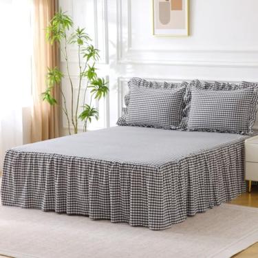 Imagem de Silnuo Saia para cama xadrez preta/branca de algodão lavado, vintage, xadrez, babados, tamanho Queen (1 saia para cama apenas)