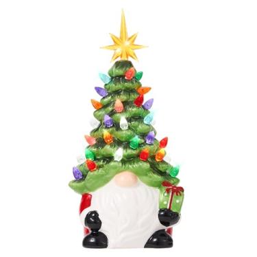Imagem de KOJIGIC Decoração de árvore de gnomos de Natal, 30,5 cm, pintados à mão, árvore de Natal de cerâmica pré-iluminada com 46 luzes multicoloridas para lareira, quarto, mesa de cabeceira, decoração de