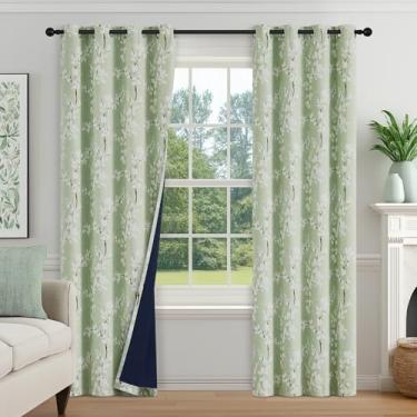 Imagem de FMFUNCTEX Cortinas florais 100% blackout para quarto, cortinas verde-sálvia 183 cm de comprimento com estampa de flor para sala de estar, cortinas de casa de fazenda com isolamento térmico, 2 painéis
