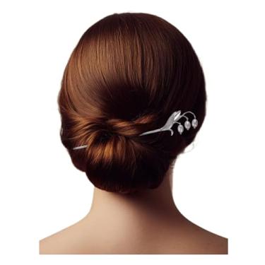 Imagem de HangErFeng Grampo de cabelo feminino prata sino flor lírio grampo de cabelo textura escovada pães prata updo acessório 6 polegadas 926
