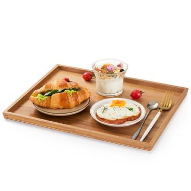 Imagem de Bandeja de servir de madeira de acácia simples: bandeja quadrada de madeira para mesa de café, bandejas grandes para café da manhã na cama, jantar, bandeja retangular para sala de estar, quarto