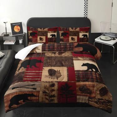 Imagem de XYNHML Jogo de cama com estampa de ursos rústicas ocidentais caçada selvagem, 3 peças, floresta natural, urso, preto, nozes, para crianças, adolescentes, meninas, adultos, retrô, com 1 edredom + 2