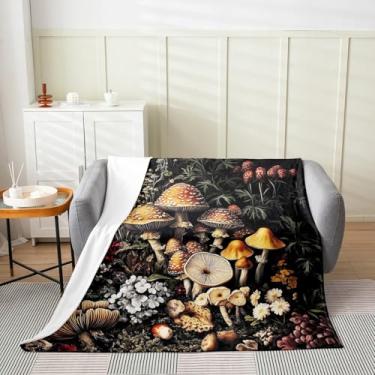 Imagem de Cobertor Queen com estampa de cogumelo 3D 90 x 90, cobertor de cortina de decoração de cogumelo, flanela floral boêmia, planta boêmia, fungo botânico selvagem, decoração de quarto na selva para
