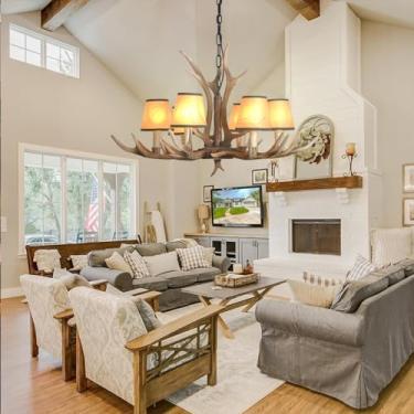 Imagem de Luminária pendente vintage E14 medieval para mesa de jantar, lustre rústico americano com chifres de resina, luminária pendente com cúpula branca, luminária retrô para bar, sala de estar, ca