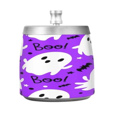 Imagem de Qilmy Cinzeiro de aço inoxidável Halloween Boo com tampa - Cinzeiro de cigarro à prova de vento sem cheiro sem fumaça para casa, escritório, carro, pátio, varanda (uso interno e externo)