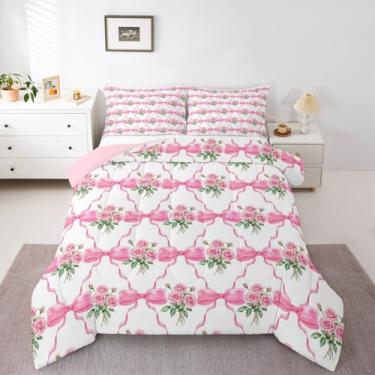 Imagem de Erosebridal Jogo de cama solteiro com laço de princesa e laço feminino, fantasia, estética, rosa, romântico, fada, princesa, edredom