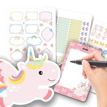 Imagem de Etiqueta Escolar Menina com TAG + Caneta (Unicórnio Rosa, Etiquetas + 1 TAG de Mochila)