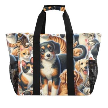 Imagem de ODAWA Linda bolsa de lona dobrável para cães e gatos para viagens e piscina, bolsa de praia de lona grande capacidade, Cães e gatos fofos, One Size