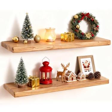 Imagem de Prateleiras flutuantes de madeira de olmo rústico de 61 cm, prateleiras de parede de 20 cm de profundidade para decoração de casa, prateleira flutuante montada na parede com suporte invisível