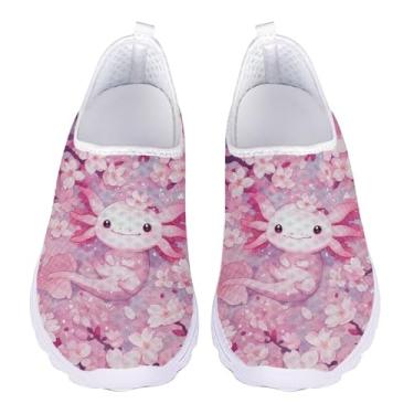 Imagem de QOPECUOY Tênis de caminhada feminino sem cadarço tênis de corrida de malha respirável feminino casual para viagem, tamanho 35-43 EU, Estampa axolotl rosa, 38