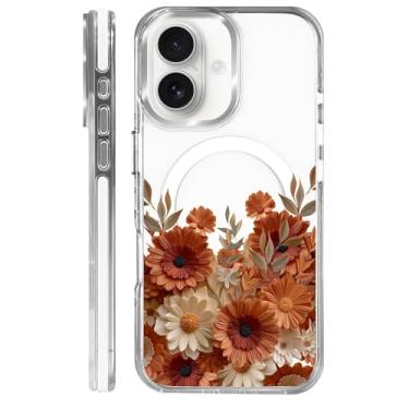 Imagem de MQJCYB Capa magnética para iPhone 16 com design em base transparente, compatível com MagSafe, capa protetora fina de TPU macio, capa de telefone feminina - lindas flores florais femininas