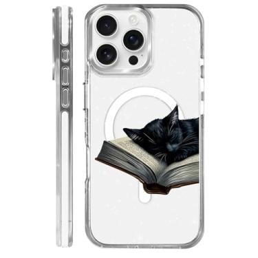 Imagem de MQJCYB Capa magnética para iPhone 16 Pro Max Design em base transparente, compatível com MagSafe, capa protetora fina de TPU macio para telefone feminino e meninas - preto gato livro amante estrelas