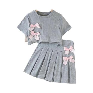 Imagem de Terno da moda para meninas, camiseta curta e saia plissada com laço ro