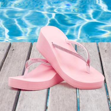 Imagem de Sandálias femininas com strass, chinelos, plataforma, chinelos de cunha, sapatos de casamento, caminhada na praia, rosa, 38