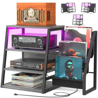 Imagem de Suporte de mídia AV com tomadas, suportes estéreo e prateleiras com armazenamento de vinil, suporte estéreo com armazenamento de discos, gabinete de rack estéreo de áudio, suporte de console de