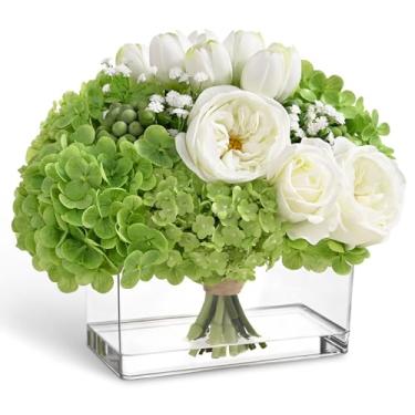 Imagem de Yastouay Flores falsas em vaso, mesa de toque real para sala de jantar, hortênsia flores artificiais peônias com água sintética realista arranjos de flores artificiais para banheiro, decoração de mesa