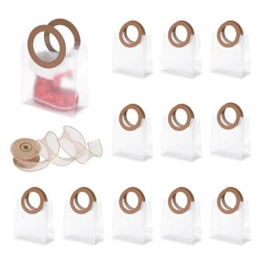 Imagem de PATIKIL Sacos de presente transparentes reutilizáveis com alça e fita, 12 peças de sacolas de plástico para doces e guloseimas para festa de celebração do festival de aniversário de casamento, marrom