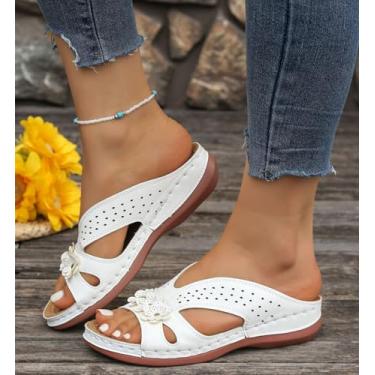 Imagem de Sandálias femininas de salto baixo com plataforma elegante, bico aberto, flor, confortável, caminhada, casual, sem cadarço, sapatos de verão, Branco, 38