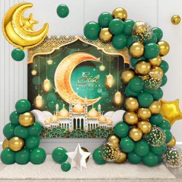 Imagem de Decorações de Ramadã para casa - 74 peças de decorações Eid Mubarak com balões de estrela e lua de ouro verde do Ramadã e faixa Eid Mubarak para decoração do Ramadã