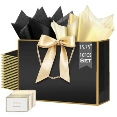 Imagem de HONTIUS Saco de presente extra grande de 15,75 polegadas, 10 peças pretas por atacado, presentes de papel grandes, fitas, cartões, 40 x 30 x 12,5 cm, presente de festa de aniversário, presente de dama